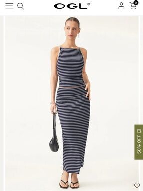 OGL Navy & White & light blue Striped Ribbed Maxi Skirt